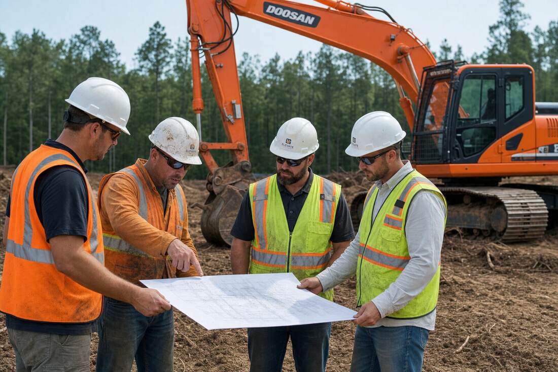 Exco crew reviewing a project on site
